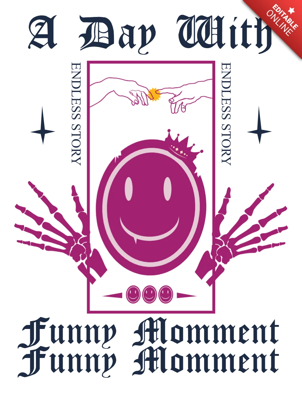 Plantilla de diseño gráfico divertido para ropa con manos de esqueleto y cara sonriente