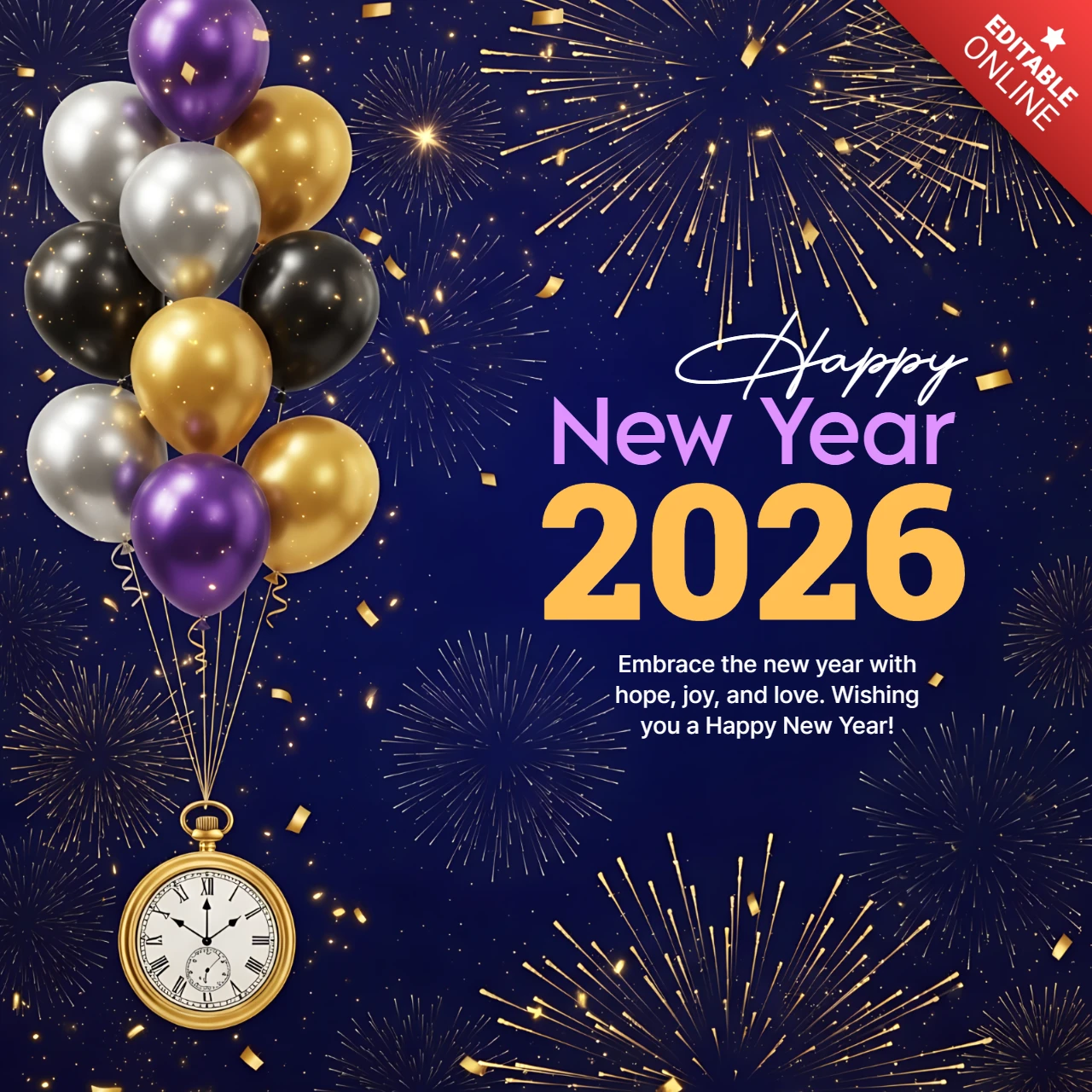 Neujahrsfeier-Designvorlage mit Ballons und Uhr für Grußkarten