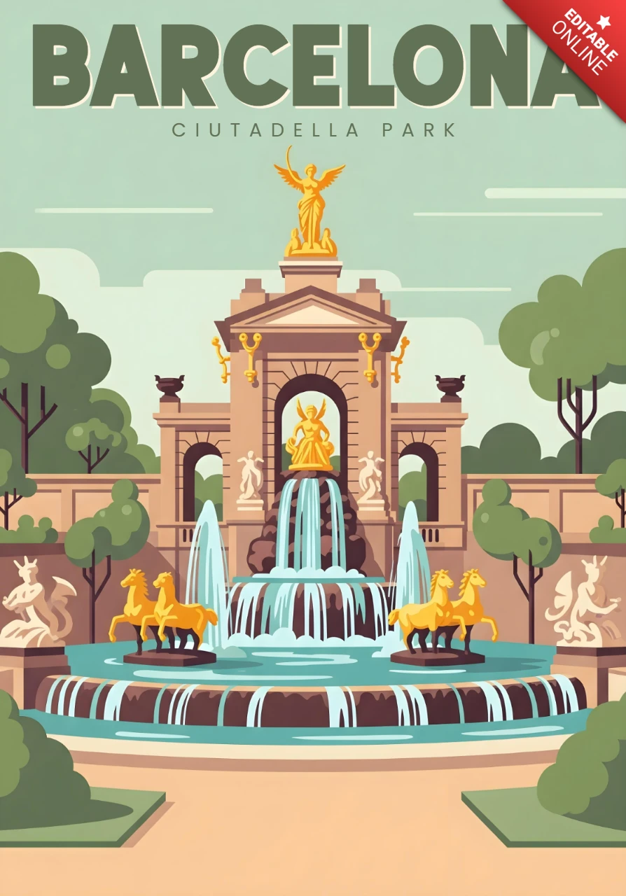 Fonte monumental Cascada no parque Ciutadella, Barcelona, modelo de cartazes de viagem.