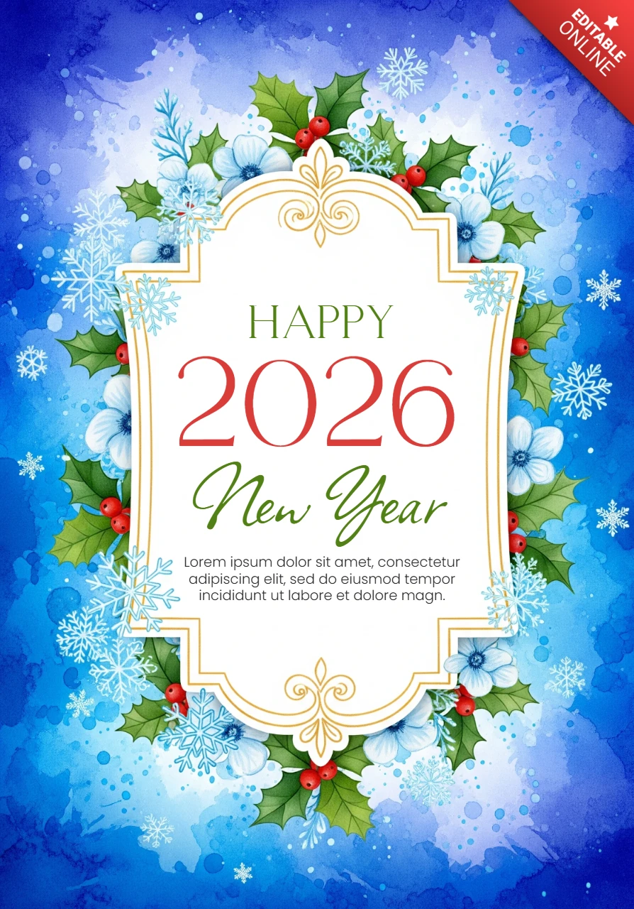 Carte de vœux aquarelle bonne année 2026 fond bleu avec des flocons de neige, des feuilles de houx et un cadre doré.