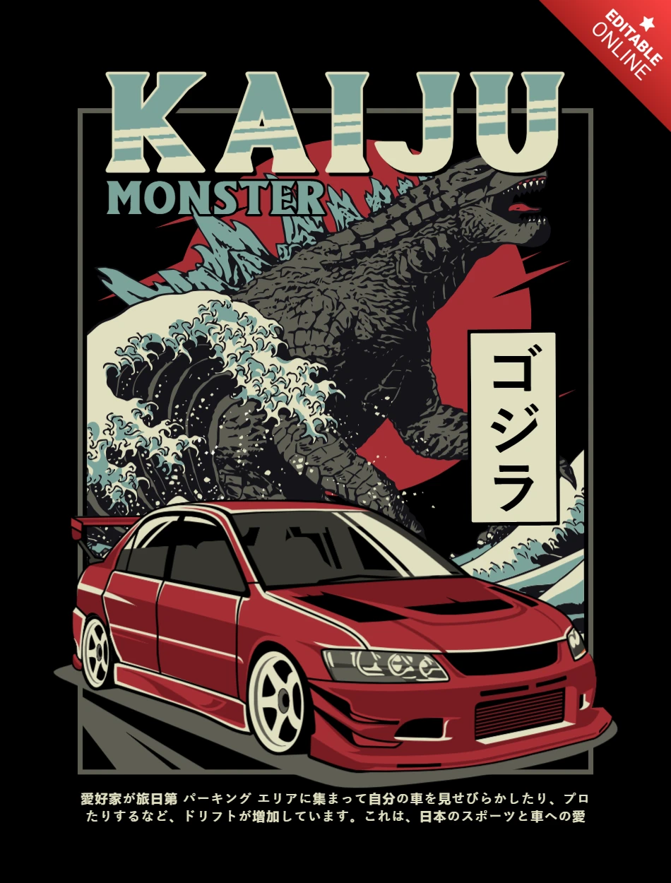 Kaiju monstruo con coche plantilla de diseño de camiseta