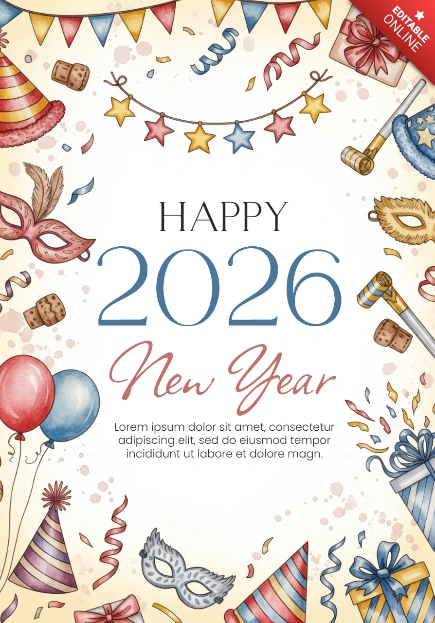 Urlaubsgrußkarte Neujahr 2026 Design mit Lärmmachern, Ballons und Aquarell-Dekorationen
