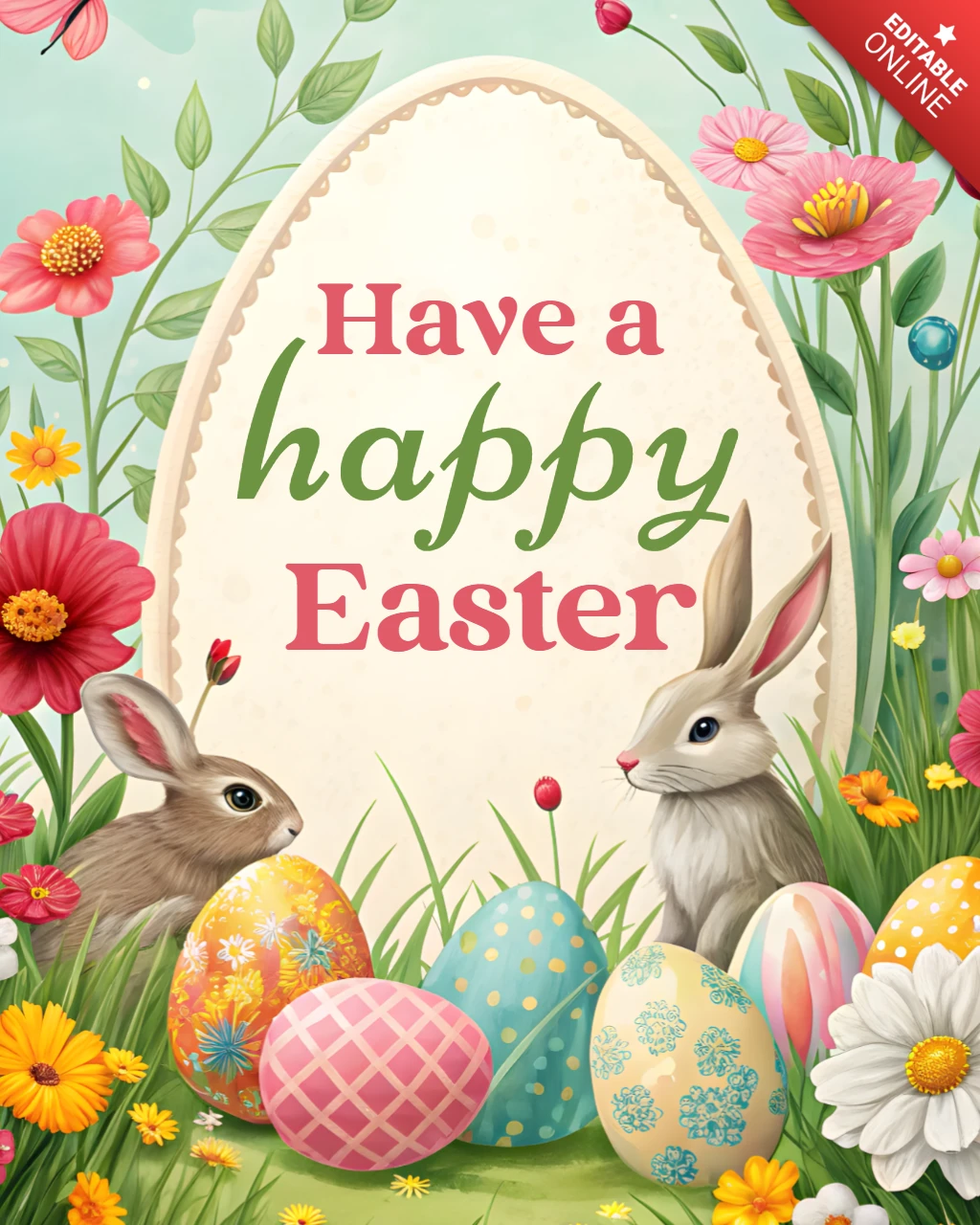 Plantilla de diseño de Pascua con conejitos y huevos de colores