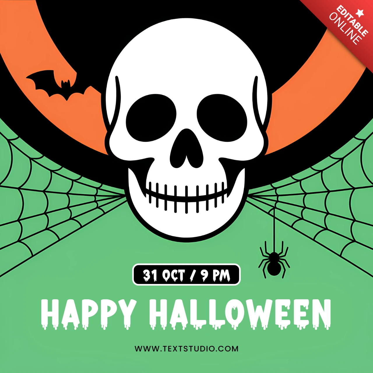 Spooky Skull Halloween Flyer Template Design with Bats and Spider