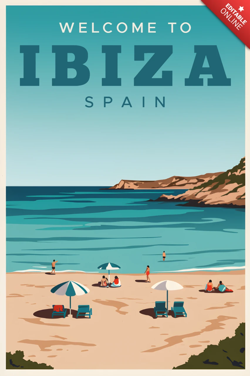 Modelo de design de praia vintage para cartaz de viagem a Ibiza
