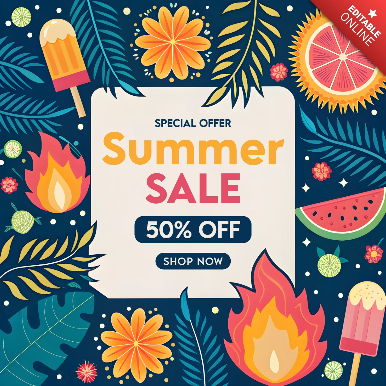 Design del template per la vendita estiva vibrante con elementi tropicali e doodles