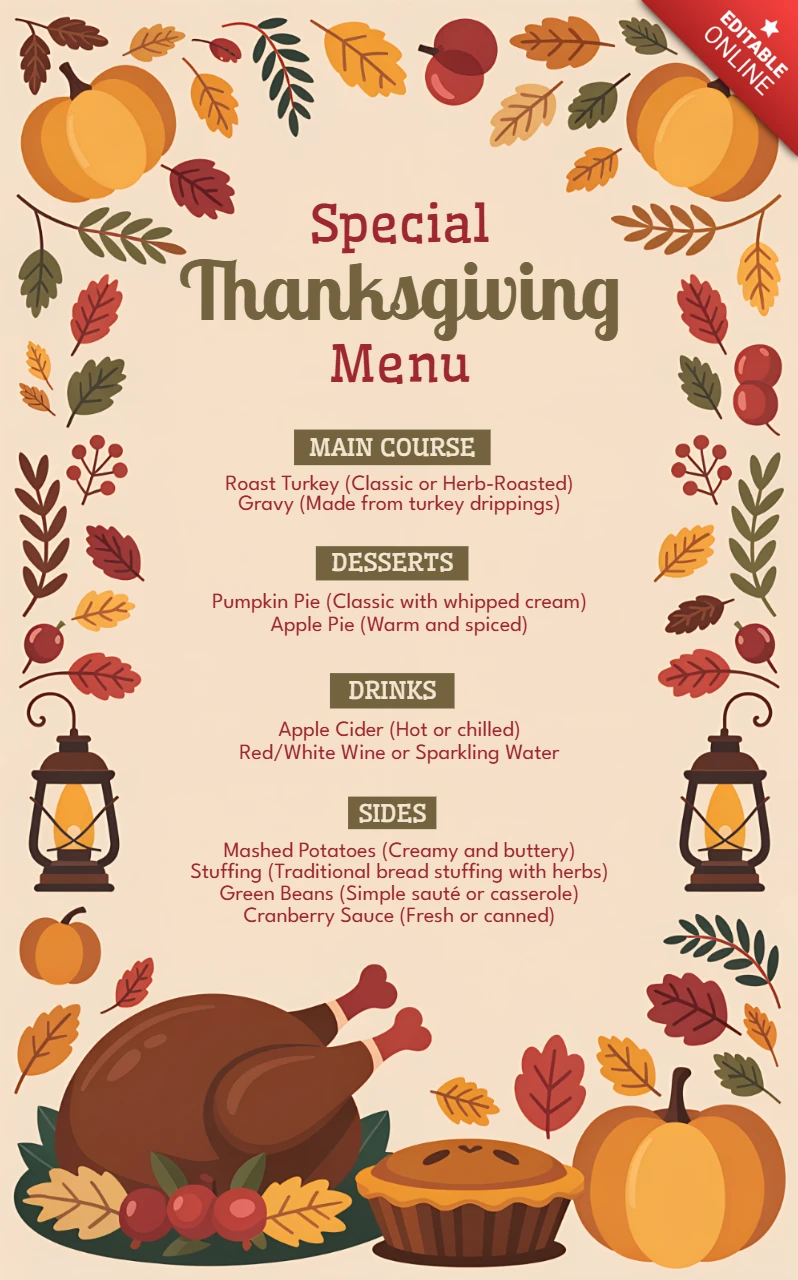 Modèle de design de menu de récolte d'automne avec des citrouilles et des feuilles pour la célébration de Thanksgiving