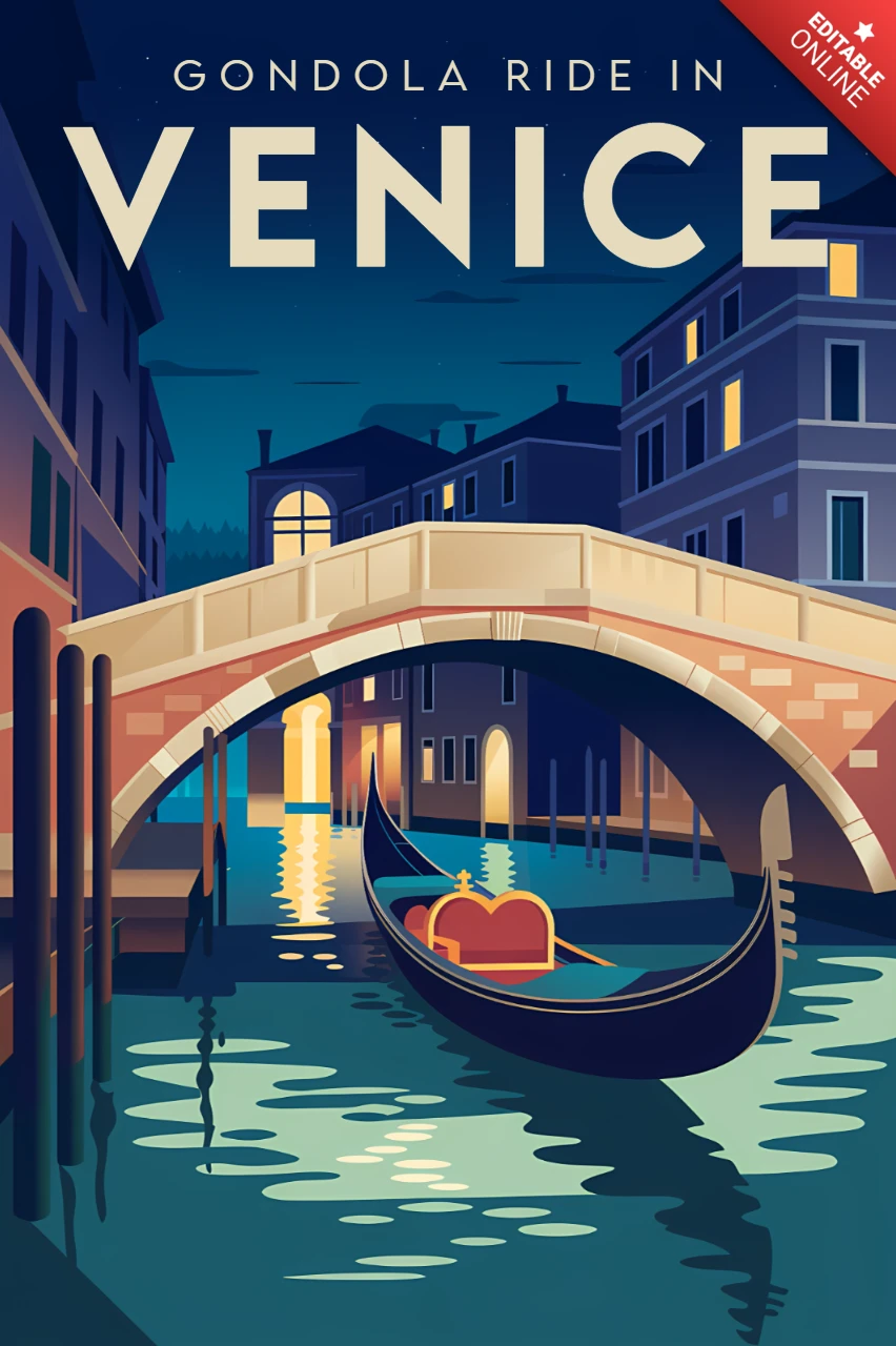 Illustration d'une balade en gondole à Venise sous le pont des Soupirs pour des affiches de voyage rétro en flat design.
