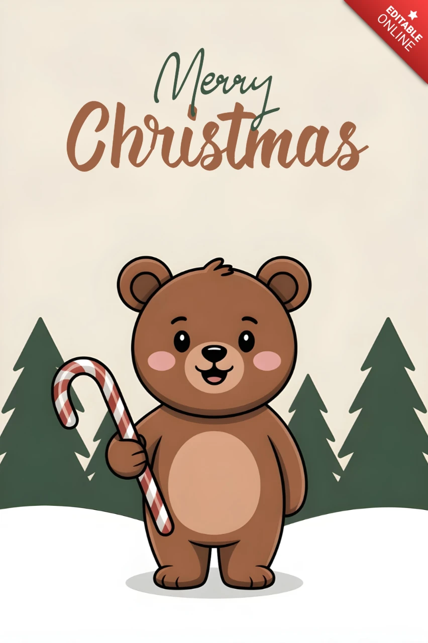 Merry Christmas Greeting Card Festive Bear Illustration with Candy Cane and Winter Forest Setting Design Template