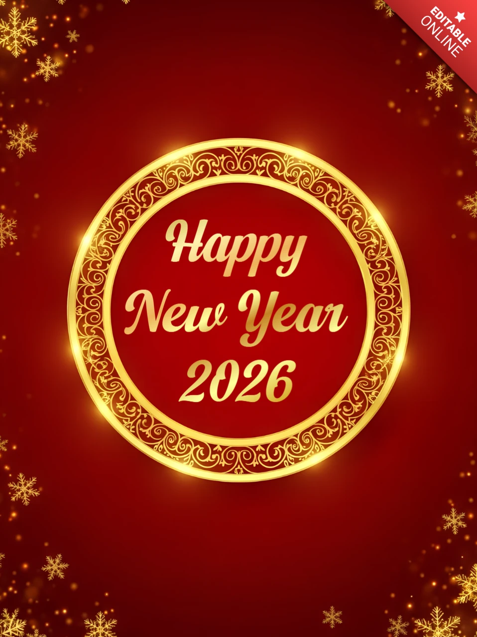 Elegant New Year 2026 Greeting Card Template Design with Golden Snowflakes