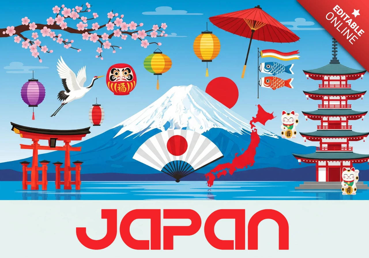 Pôster da cultura do Japão com o Monte Fuji, portão torii, flores de cerejeira, peixe koi e a Torre de Tóquio em uma cena vibrante.