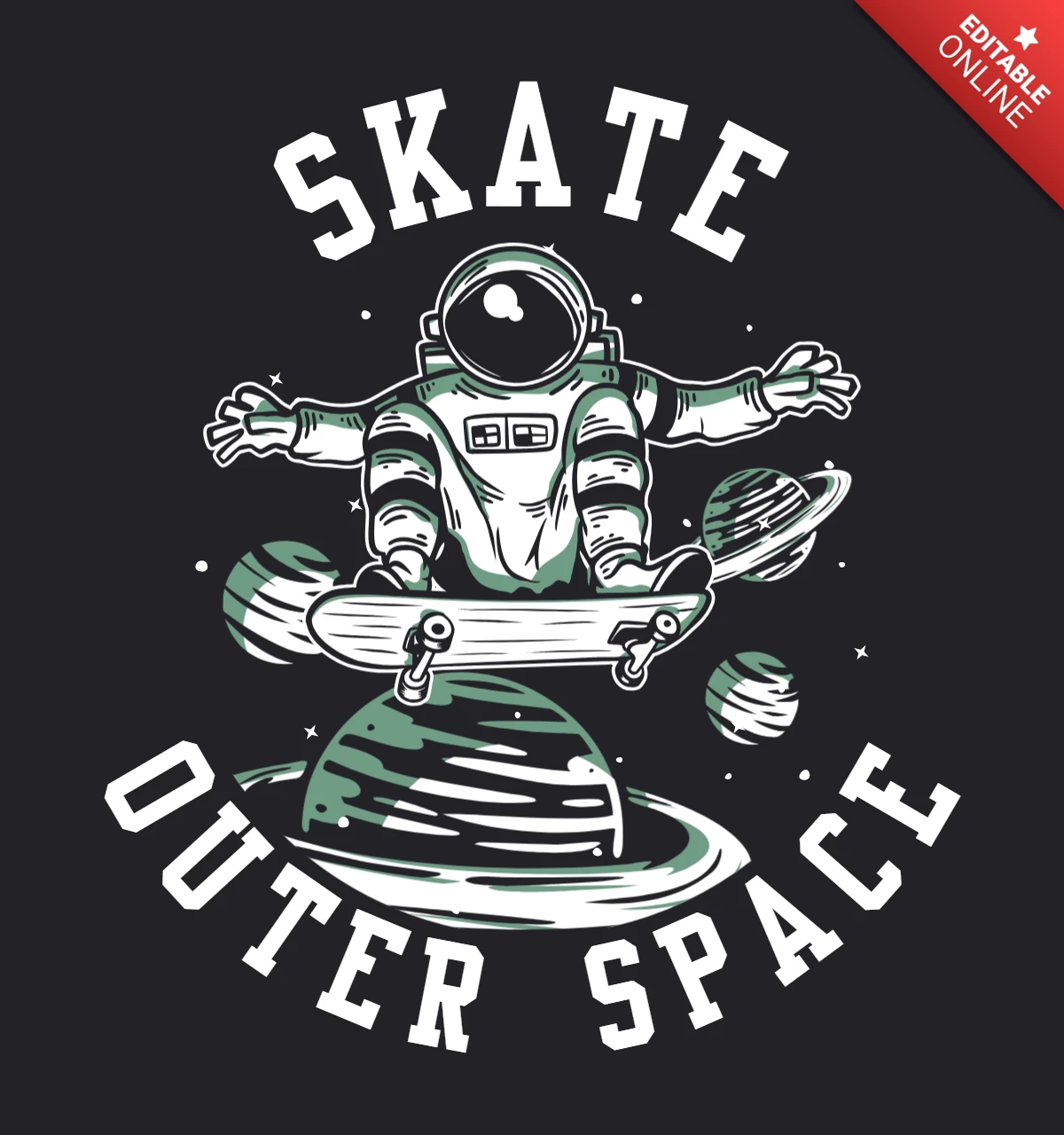 Modello di design t-shirt vintage da skateboard con astronauta