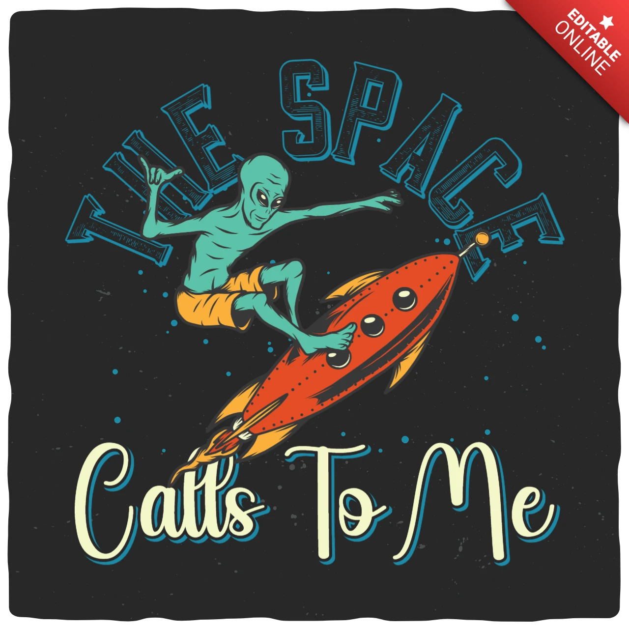 Alien surfing on rocket vintage t-shirt design template