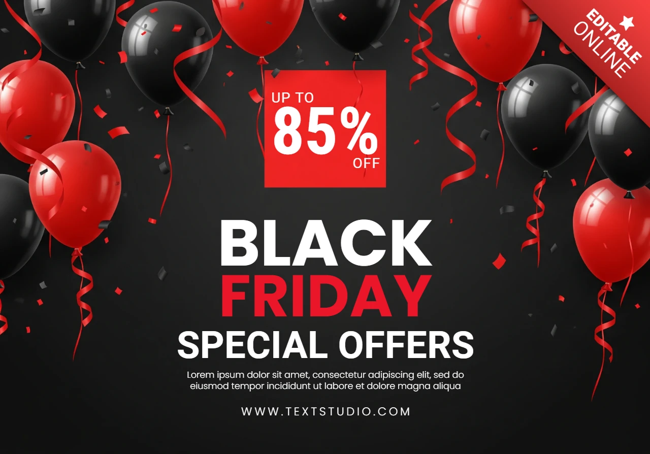 Hochwirksames Black Friday Marketing-Plakat mit dunklem Hintergrund, Balloncluster und Sonderangebot-Verkaufsdesign-Vorlage für Werbeaktionen.
