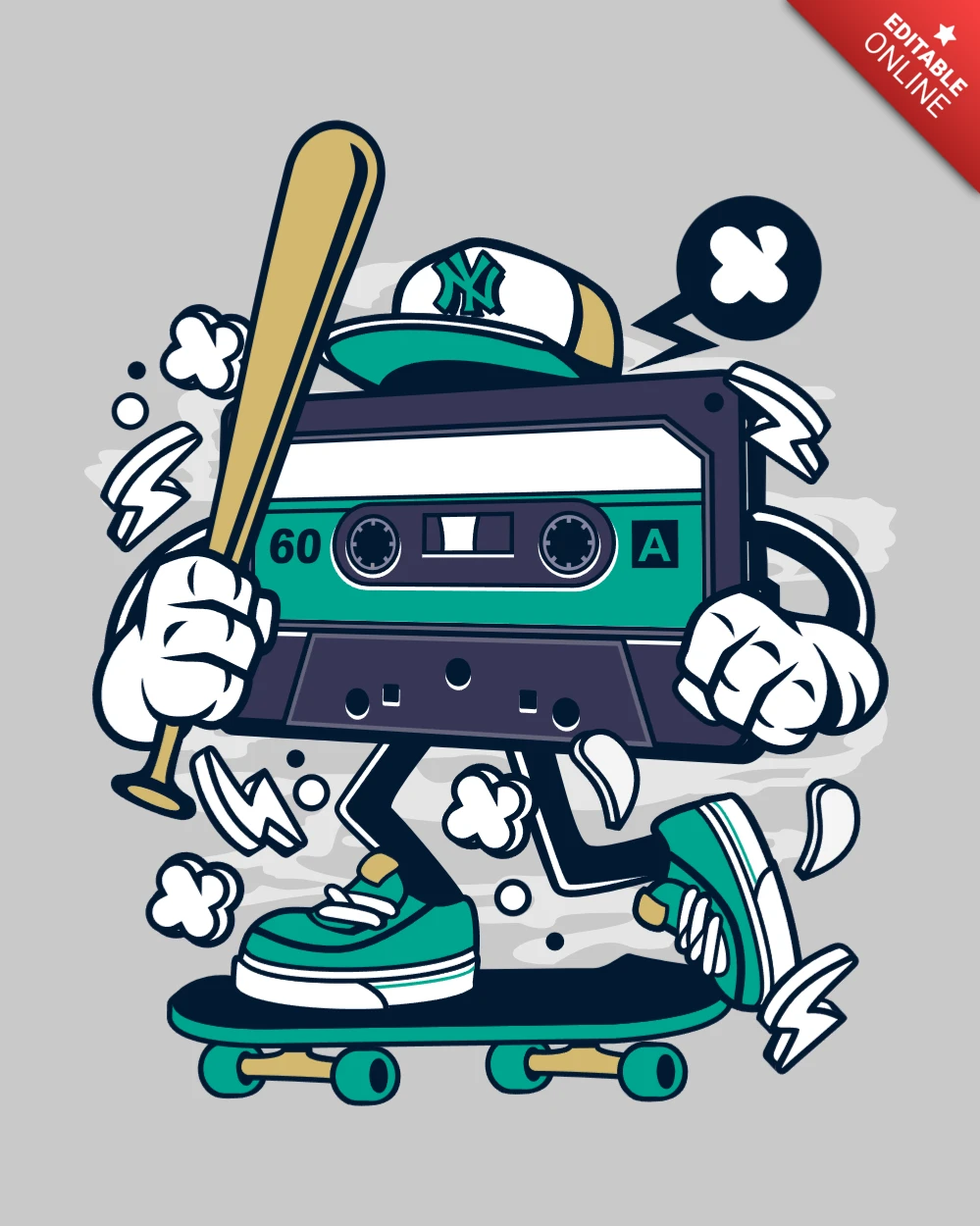 Cassette skateboard cartoon karakter ontwerpsjabloon