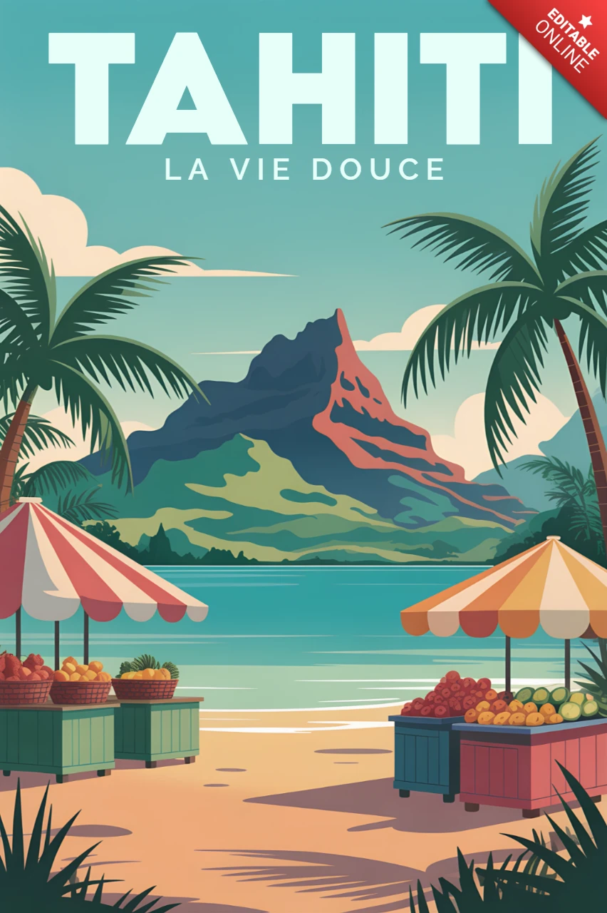 Template de design tropical de Tahiti para pôsteres de viagem retro em flat.