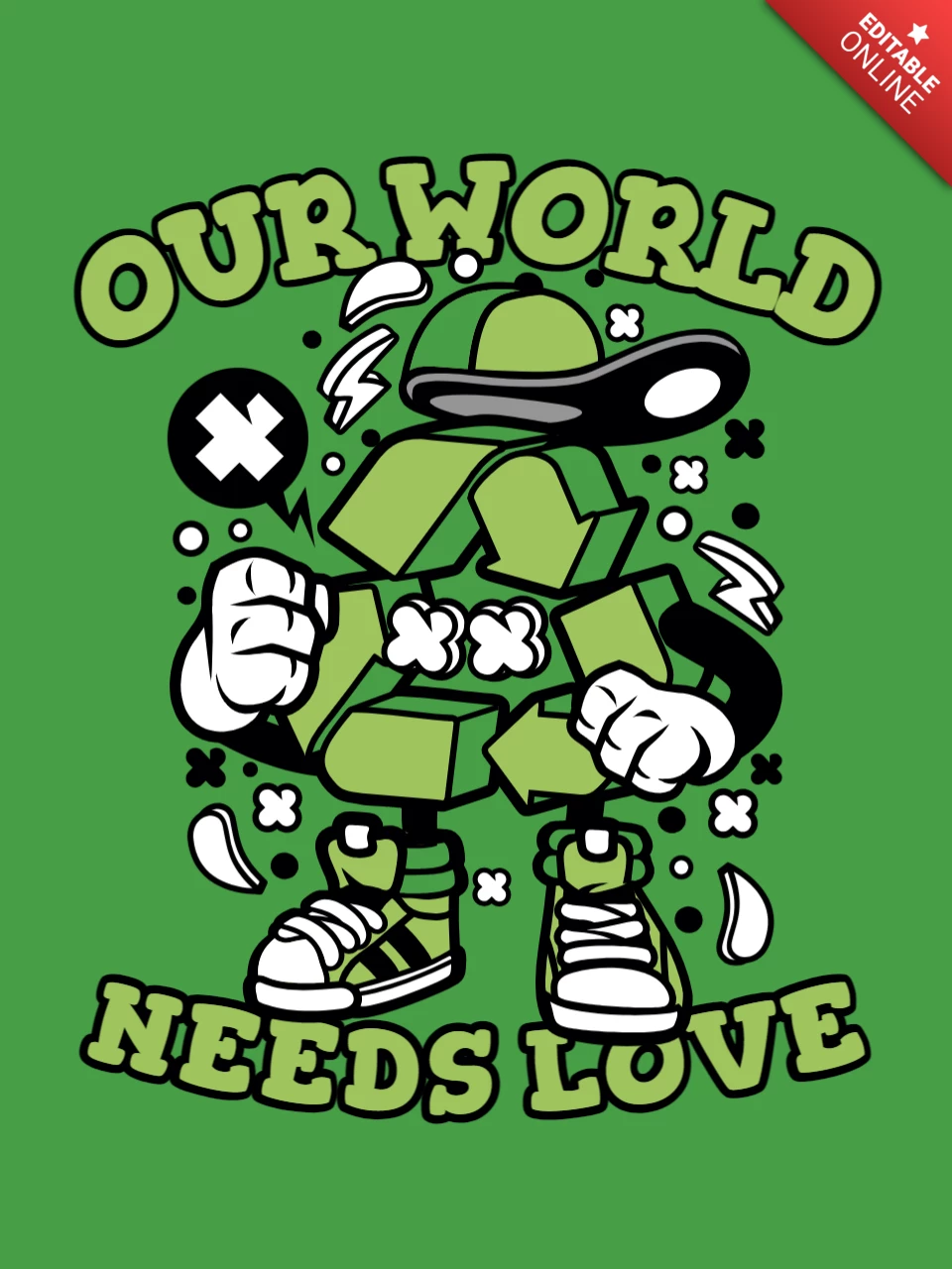 Recicle nosso mundo precisa de amor com modelo de design de camiseta de personagem