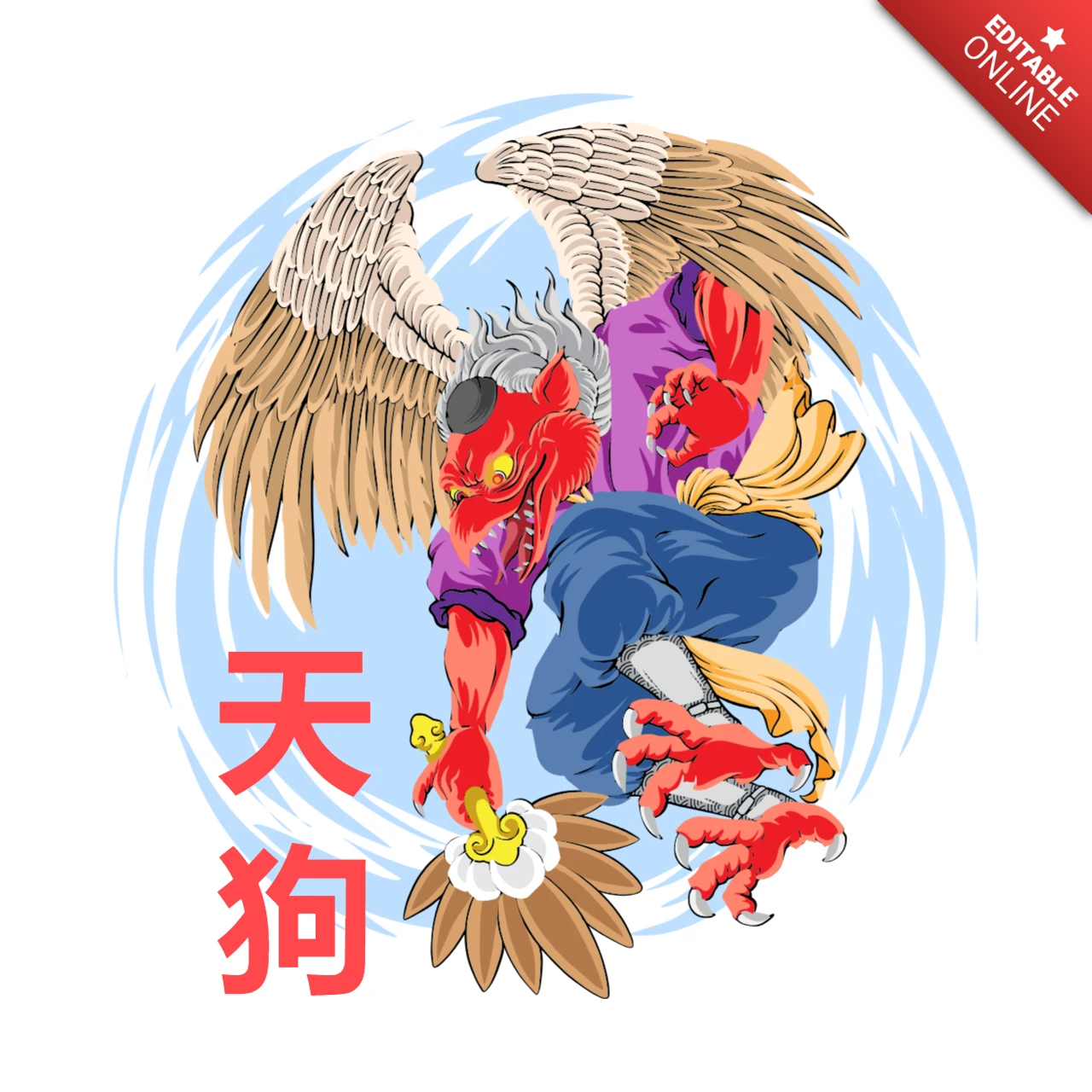 Design de camiseta em arte de streetwear japonês com o espírito Tengu, yokai mítico alado.
