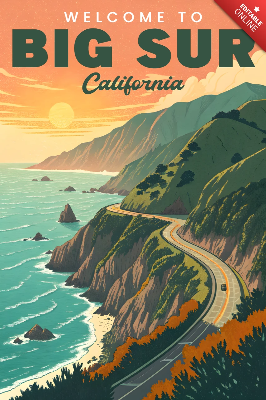 Modelo de design de paisagem vintage de Big Sur, Califórnia, para pôsteres de viagem.