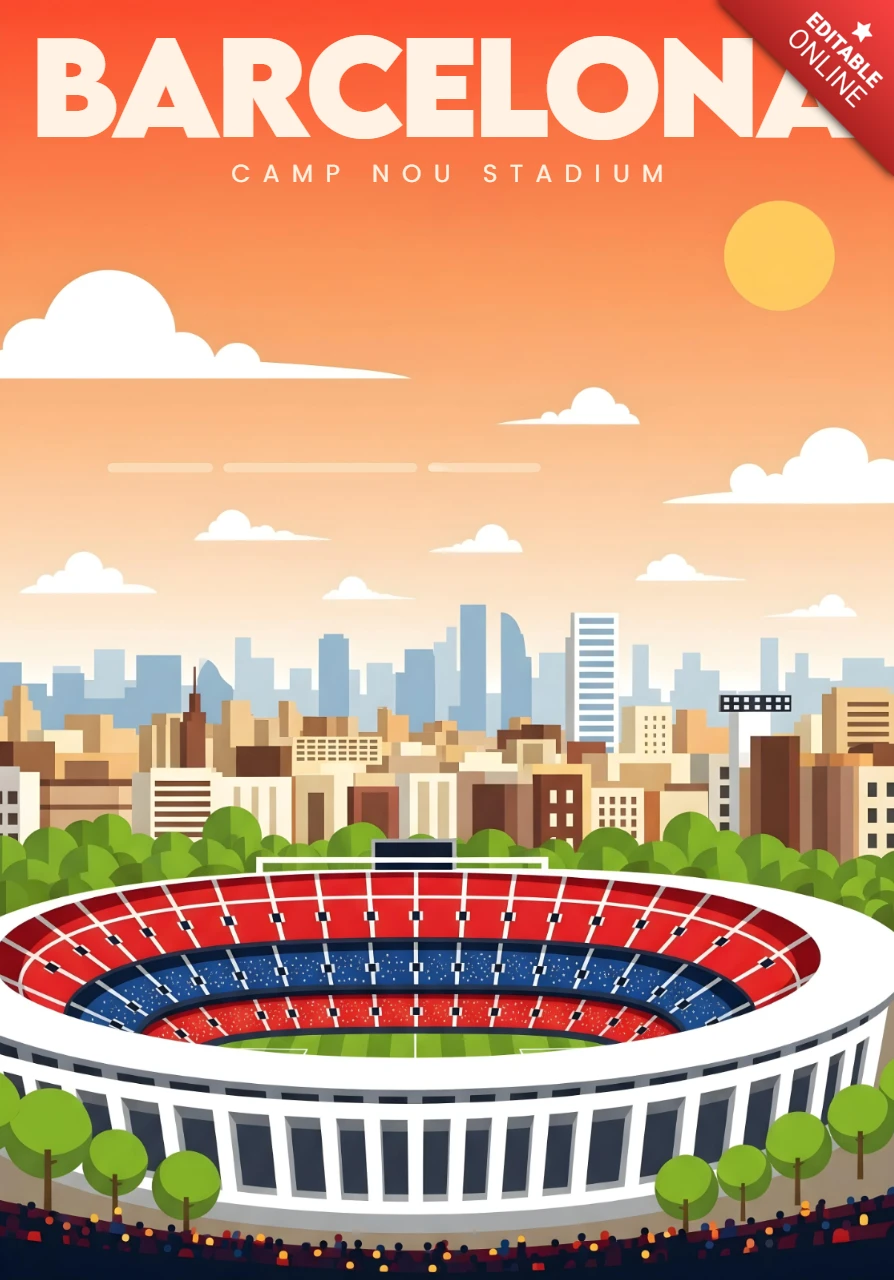 Camp Nou Stadium Illustration at Sunset Barcelona Travel Posters Design Template