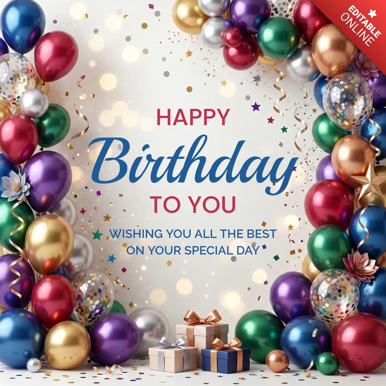 Póster de cumpleaños con globos metálicos en rojo, dorado, púrpura, verde y azul con confeti y cajas de regalo para la celebración.