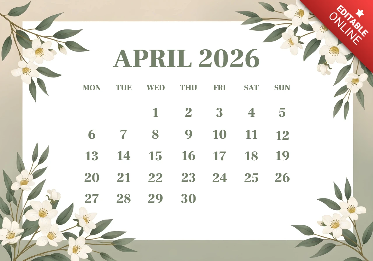 Pôster do calendário de abril de 2026 — borda floral elegante com flores brancas, folhas e tema decorativo