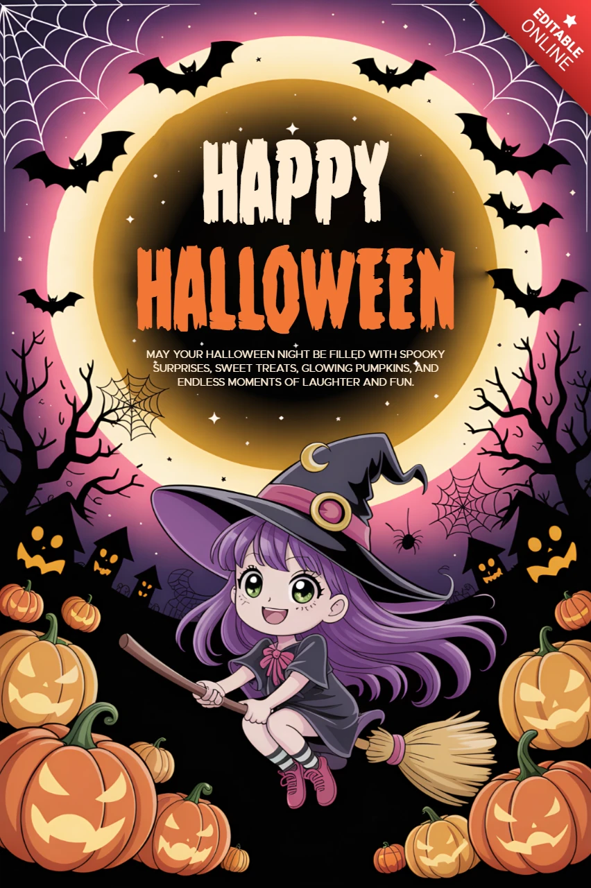 Plantilla de diseño de Halloween caprichosa con bruja y calabazas para tarjetas de felicitación.