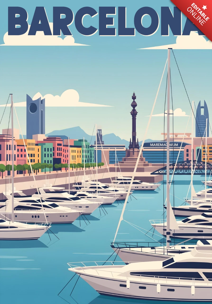 Marinaansicht mit Segelbooten & Columbusdenkmal Barcelona Reiseposter Designvorlage