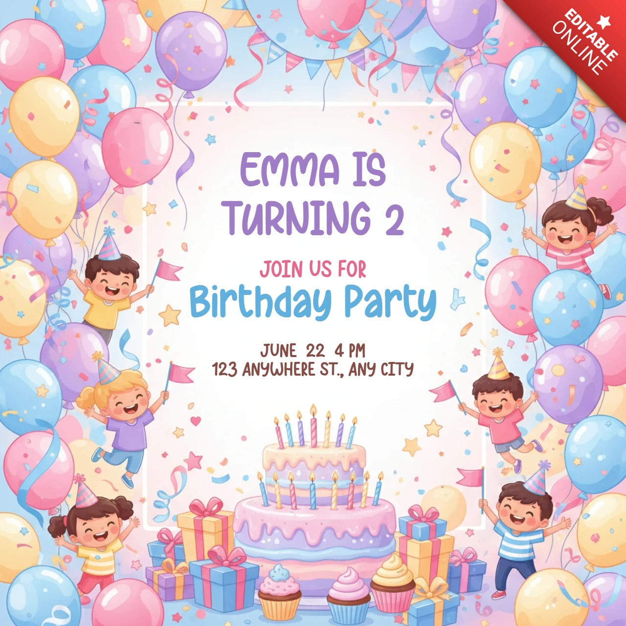 Convite de festa de aniversário poster celebração de aniversário com balões, bolo, cupcakes e tema de festa festiva