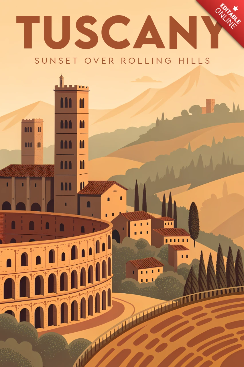 Toscaanse zonsondergang ontwerp template voor reisposters