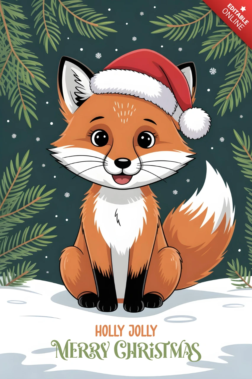 Christmas Greeting Card Cartoon Fox in Santa Hat Sitting on Snow with Pine Branches and Snowflakes Design Template