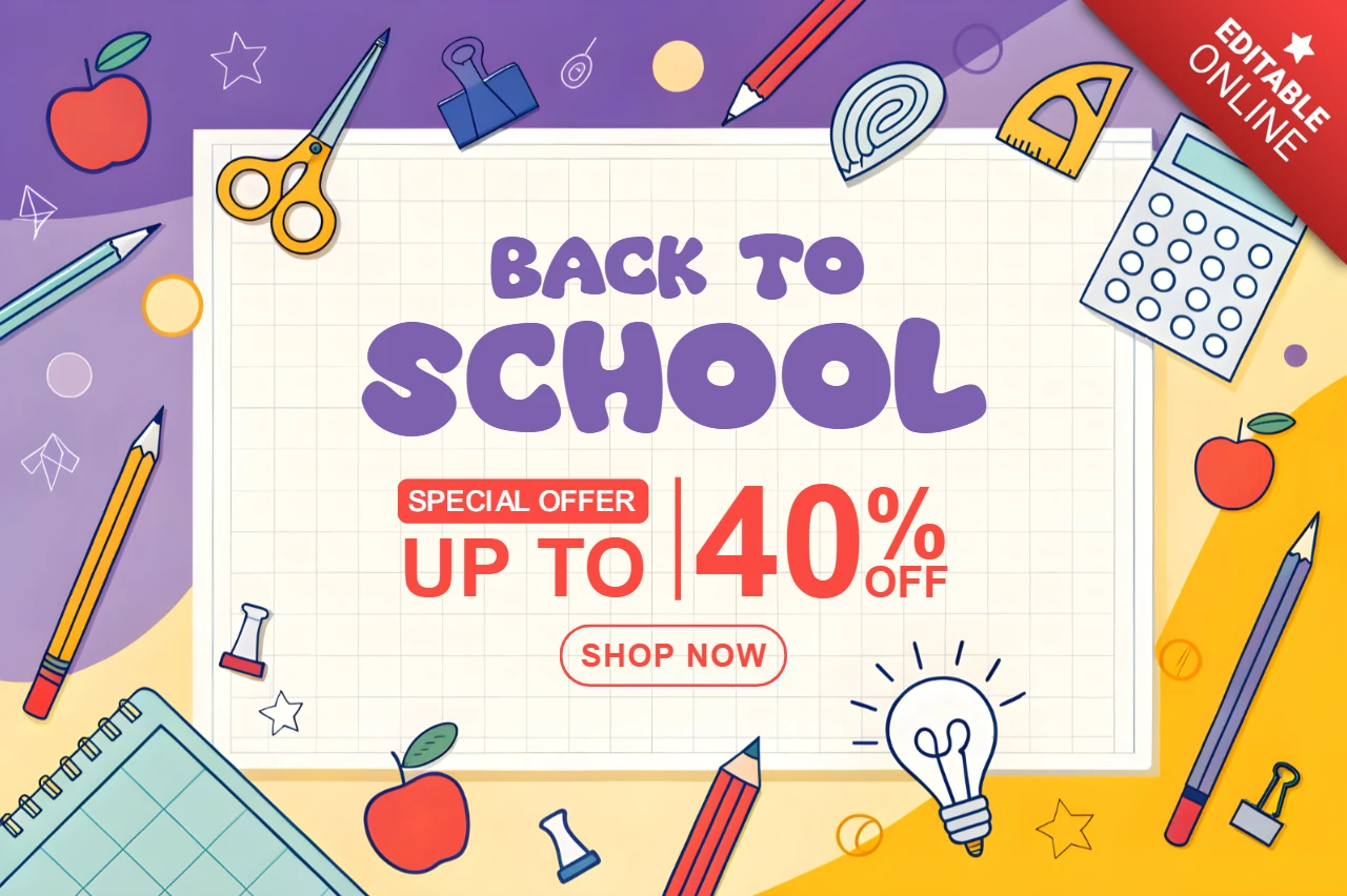 Modelo de design de volta às aulas com elementos de papelaria coloridos para folheto promocional