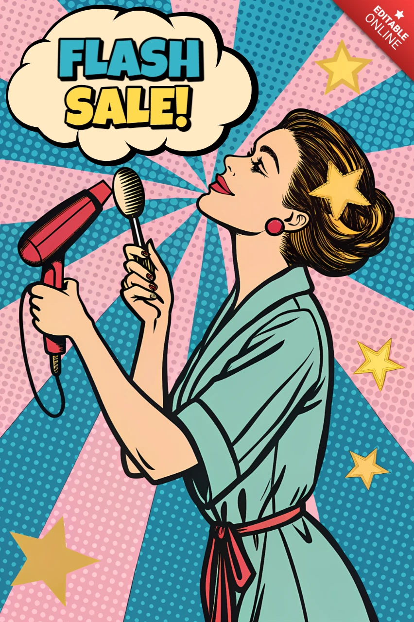 Template de venda de arte pop retrô para promoções de salão de beleza