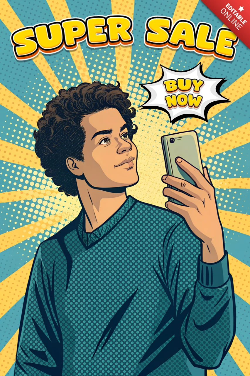 Pop-Art-Verkaufsvorlage mit Smartphone-Illustration für Werbeflyer