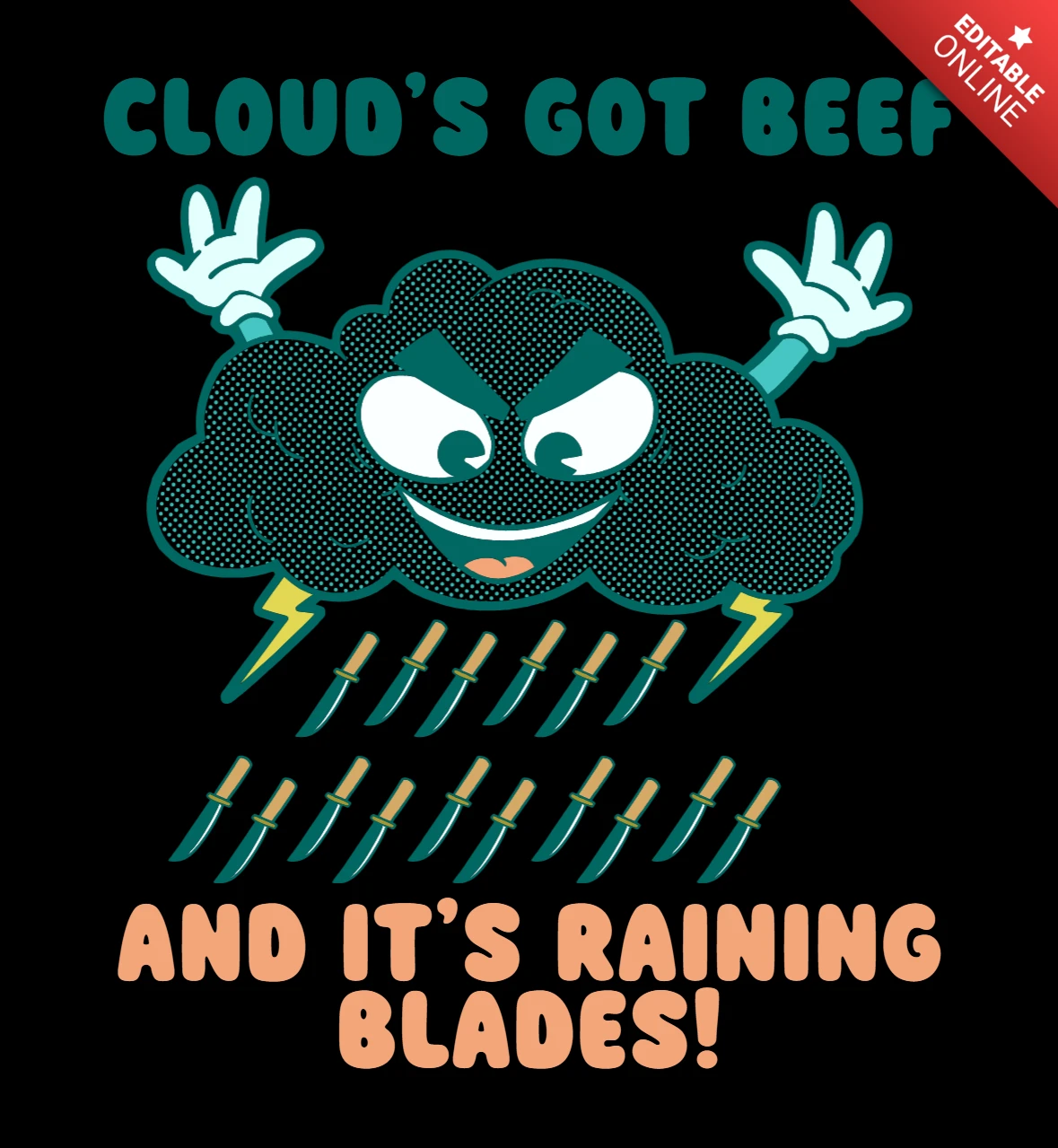 Cloud heeft een felle onweersillustratie met vallende messen t-shirt ontwerp sjabloon