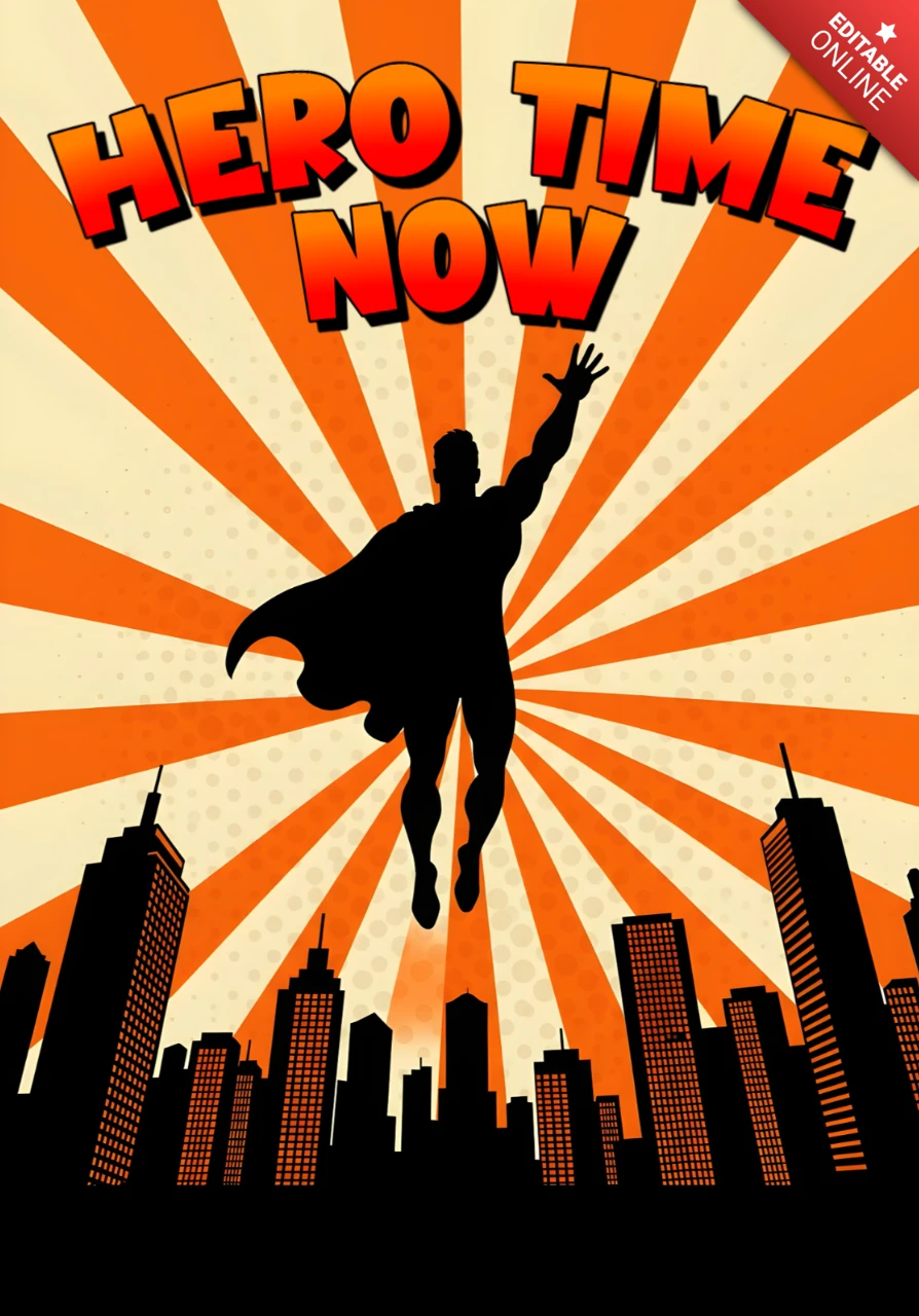 Heldenzeit jetzt fliegende Silhouette mit strahlendem Comic-Ausbruch & Stadtansicht Plakatdesign-Vorlage