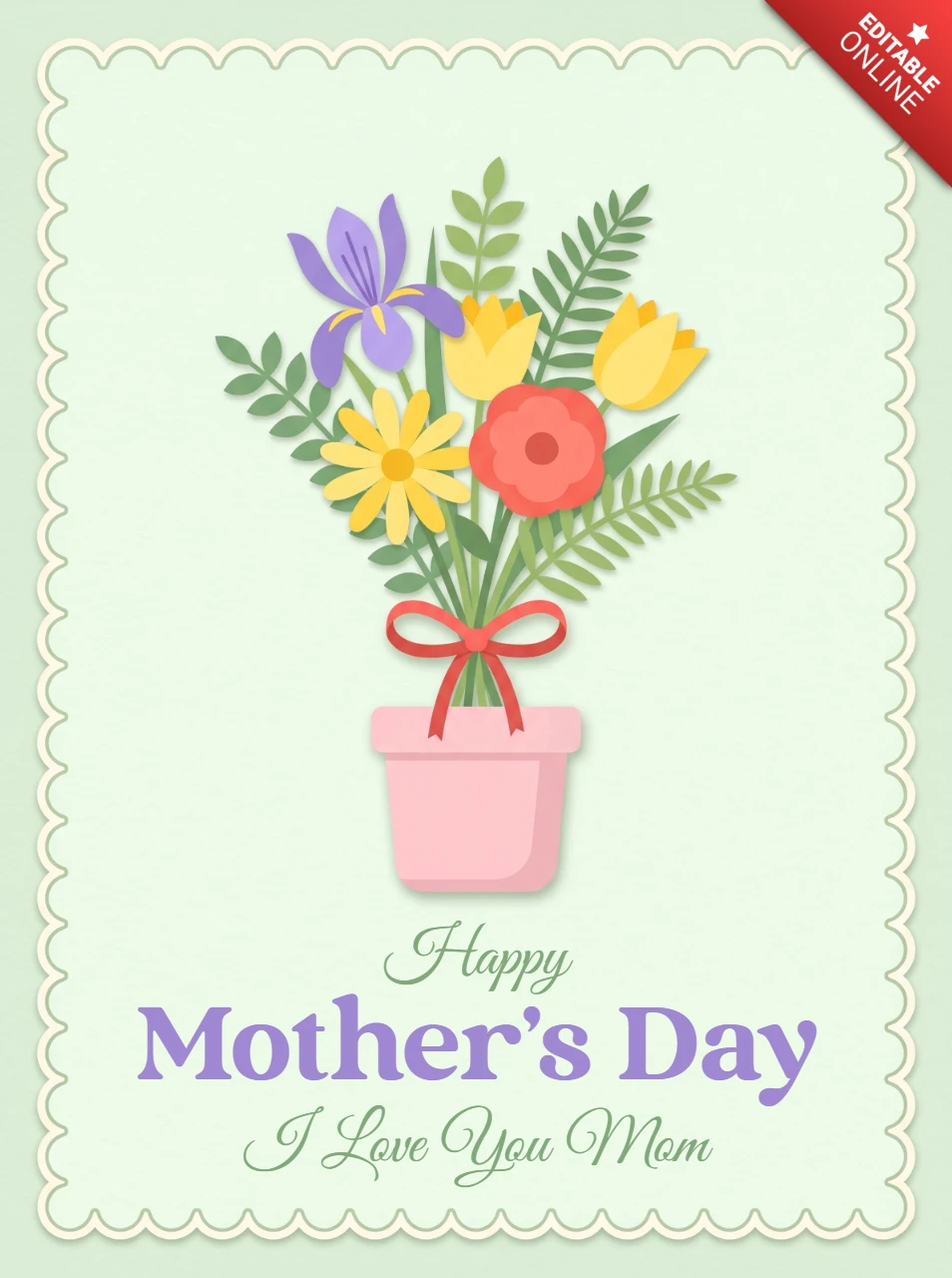 Cartão de saudação do Dia das Mães — ilustração floral elegante com saudação de Feliz Dia das Mães e design de buquê amoroso