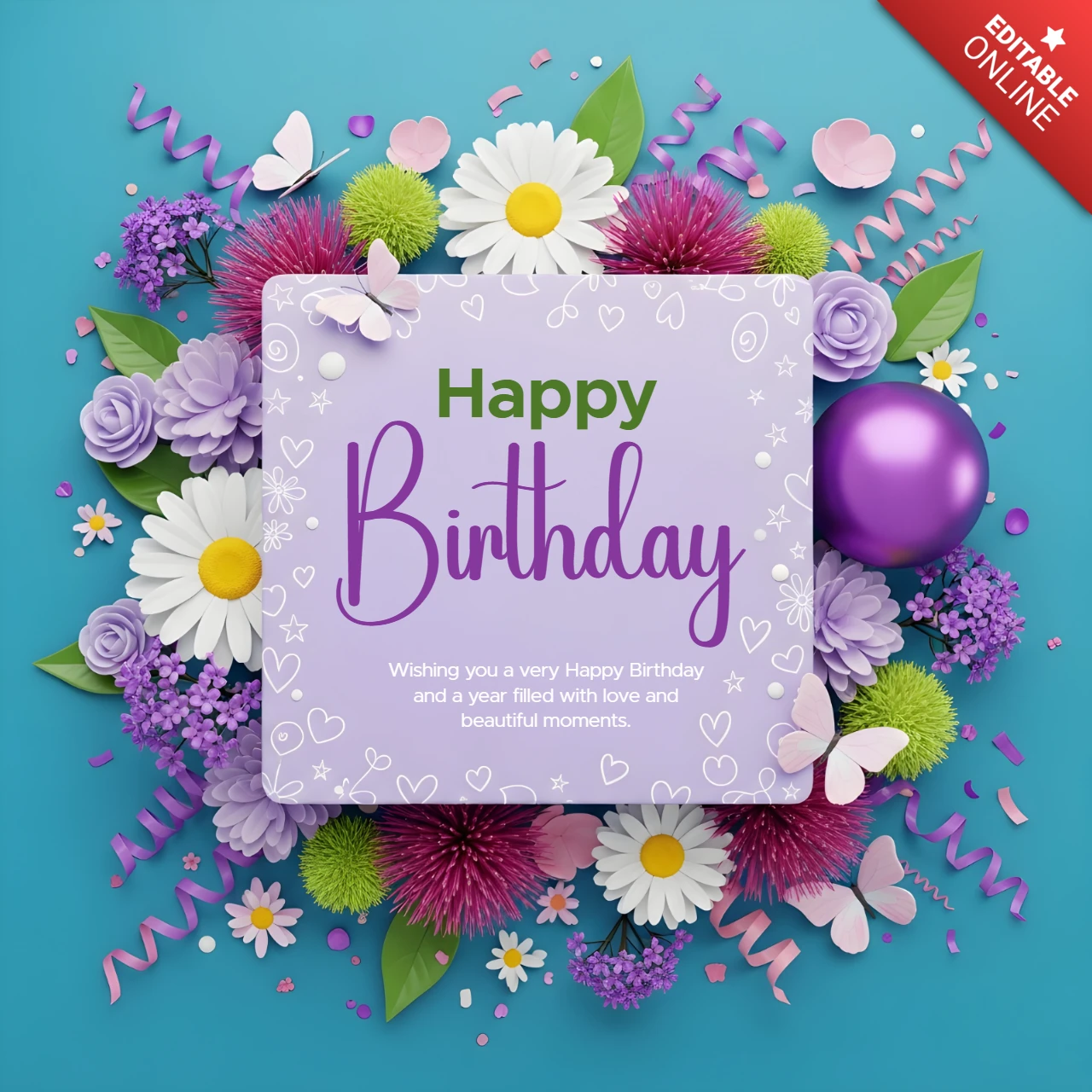 Design del biglietto d'auguri floreale con accenti viola per uso celebrativo