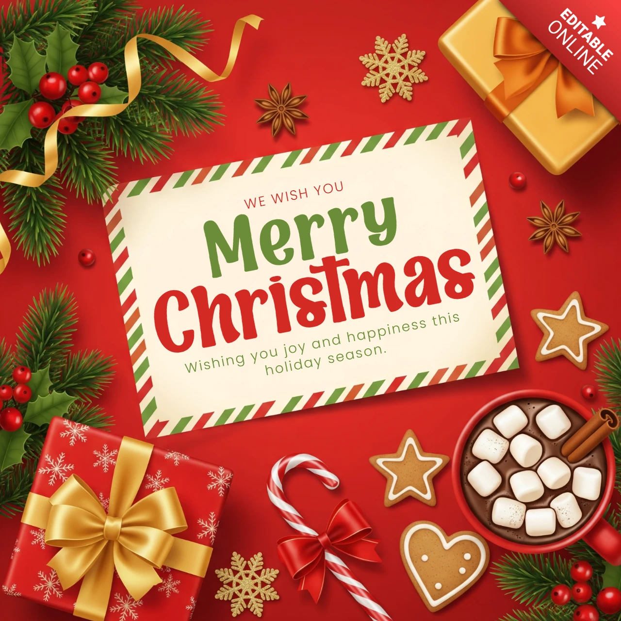 Christmas Greeting Card Gingerbread Cookies and Hot Chocolate with Garland Framing Joyful Holiday Message Design Template