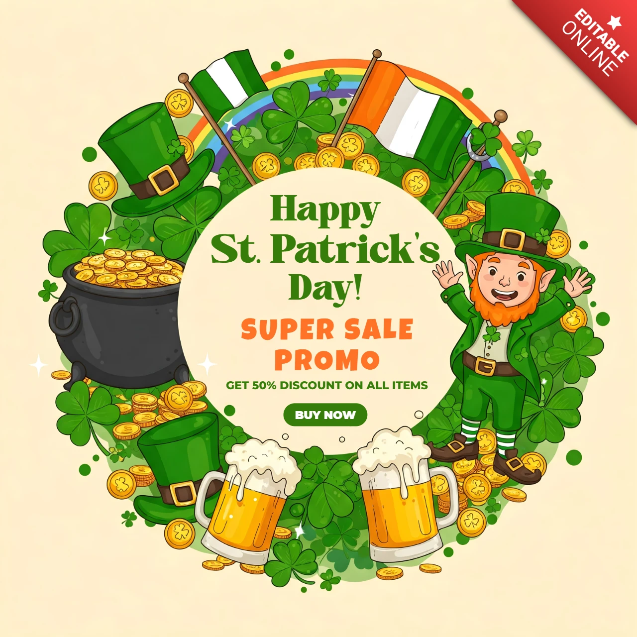 St. Patrick's Day Sale Template Design - 50% Discount Promo