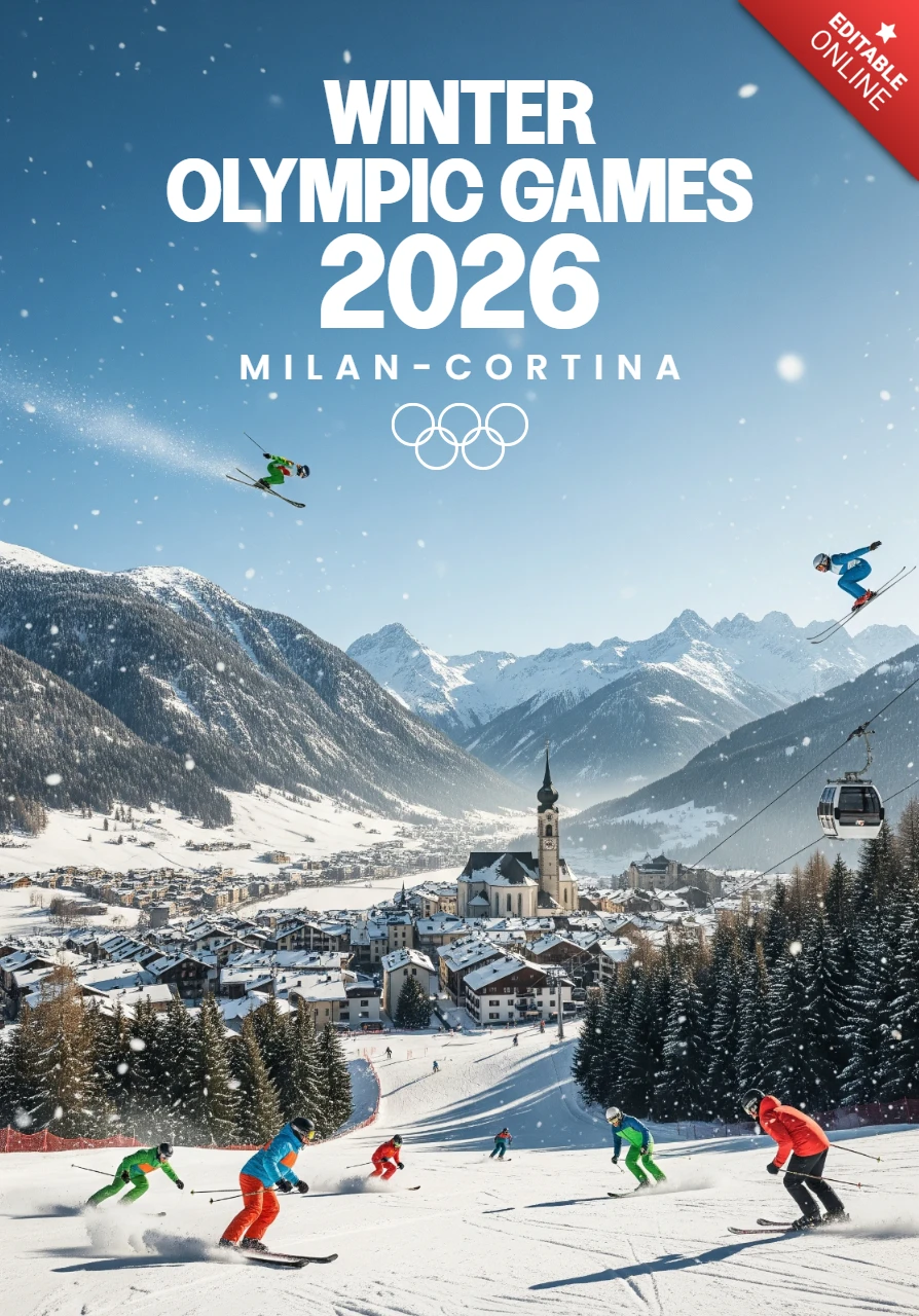 Poster delle olimpiadi invernali Milano-Cortina 2026 con sciatori, snowboarder e fascino montano