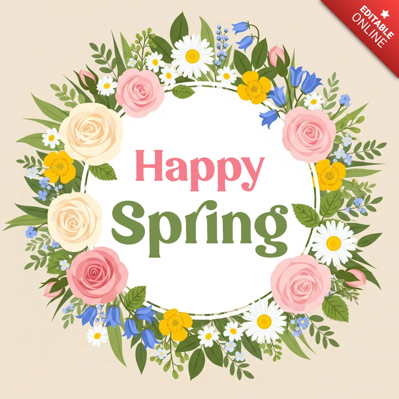 Spring Greeting Card Template Decorative Floral Wreath with Inspirational Happy Spring Quote