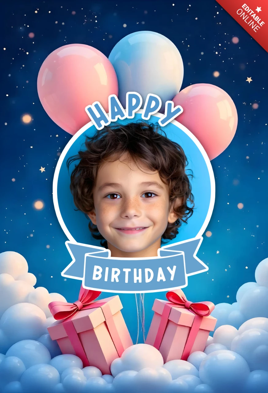 Customizable Children's Birthday Card Template with Balloons and Gifts