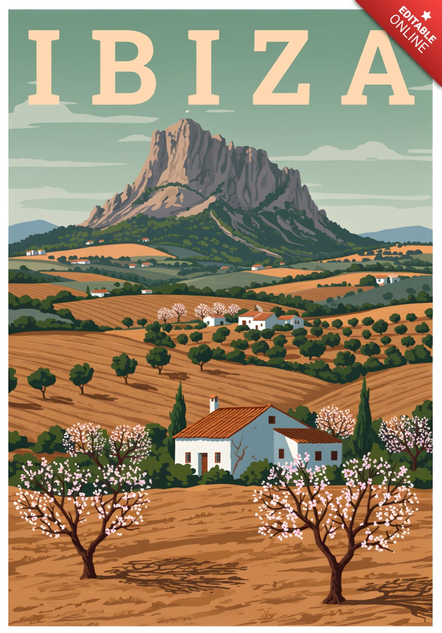 Ilustração de paisagem vintage de Ibiza para modelo de pôsteres retro planos