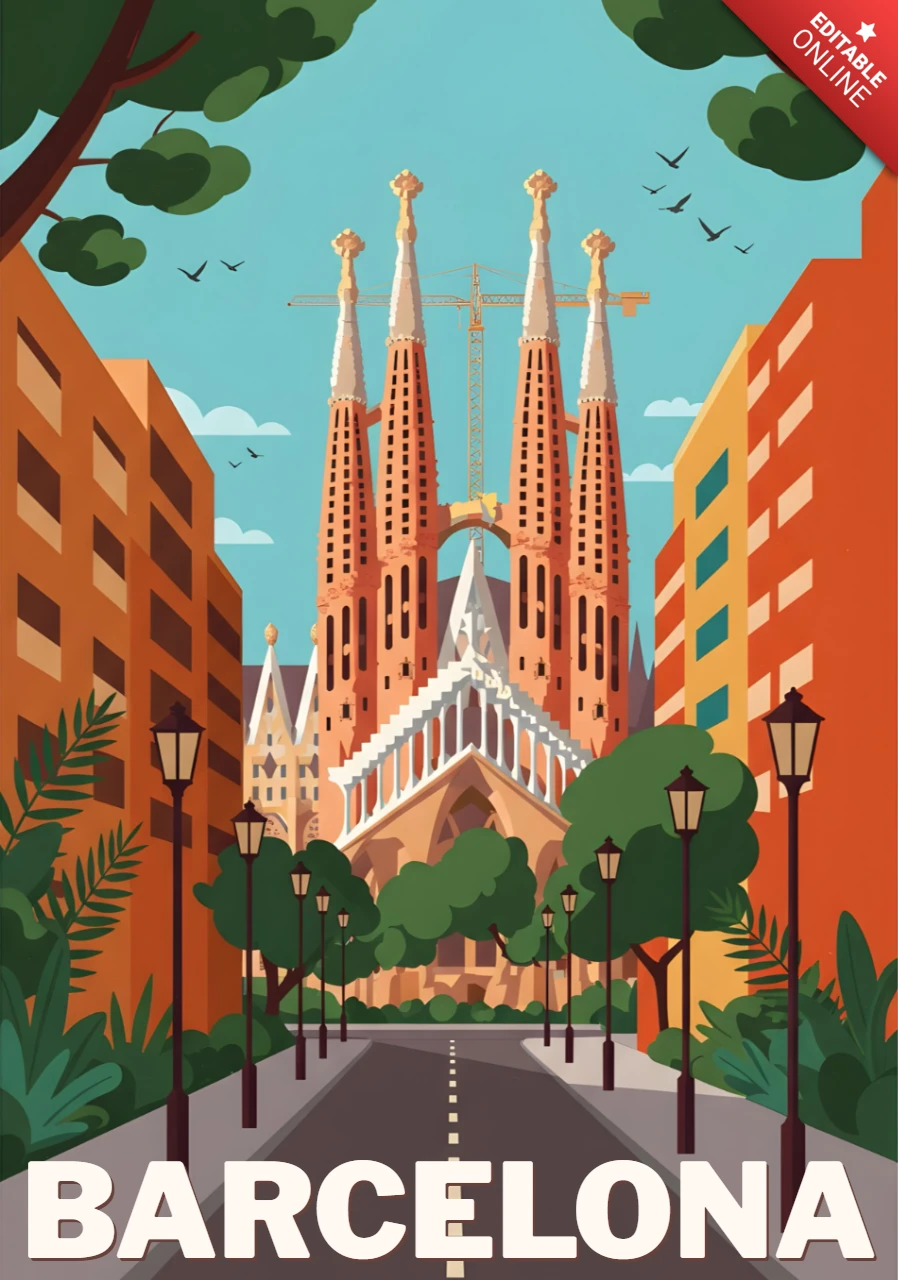 Barcelona Sagrada Família Straßenansicht mit Kränen und blauem Himmel Reiseposter-Designvorlage