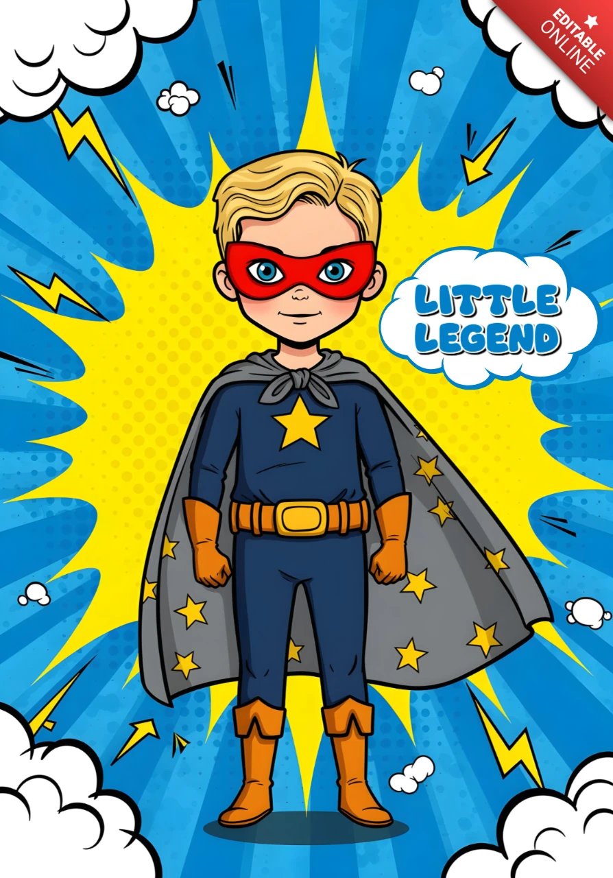 Little Legend Cartoon Child Superhero with Star Cape & Comic Lightning Poster Design Template