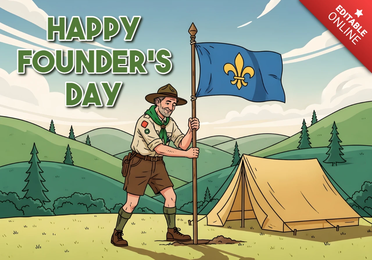 Outdoor-Abenteuer-Designvorlage für den glücklichen Gründerstag mit Pfadfinder und Flagge