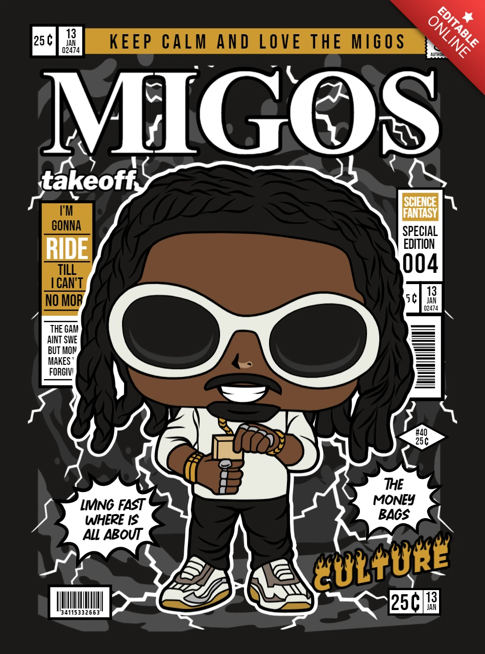 Migos takeoff cartoon character magazine cover design template