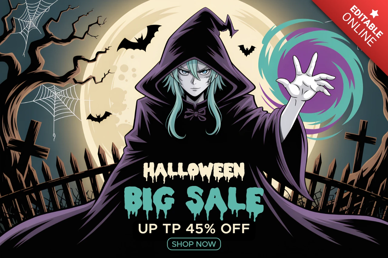 Plantilla de diseño de venta espeluznante de Halloween con una bruja chibi para volantes promocionales.