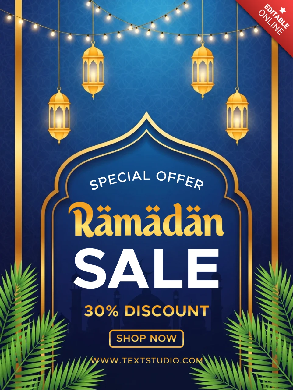 Ramadan-Verkaufsgestaltungs-Vorlage mit Laternen und tropischen Blättern für Werbeflyer